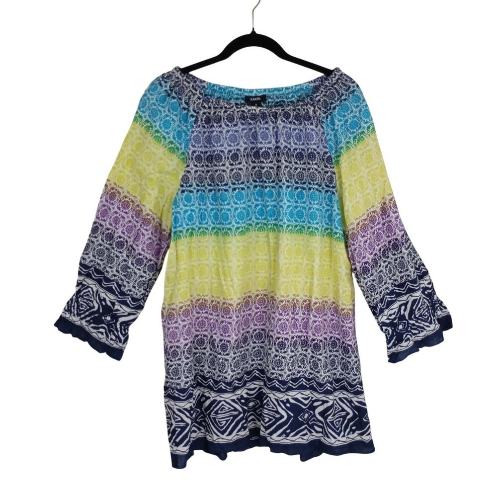 Kaktus Womens Boho Tunic Top 1X Multicolor 3/4 Sleeves Lightweight Cotton